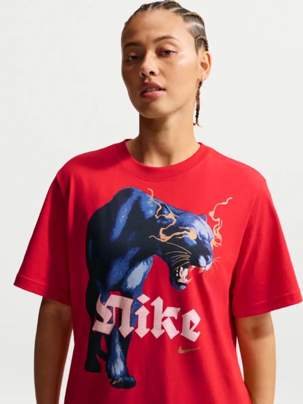 Nike Red Tee with Blue Panther Graphic and White Script